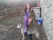 My 13 yr old lurcher Minxy & I having won Best in show at our dog club Christmas show 2014 :)